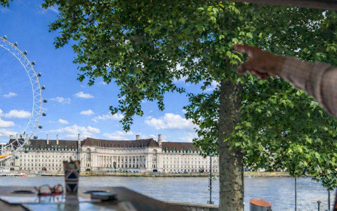 London Eye and County Hall viewed from a bus tour with a guide pointing, under a tree.