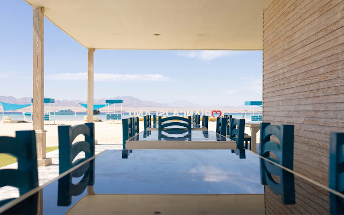 Outdoor dining area overlooking the sea on Bianca Island, Hurghada.
