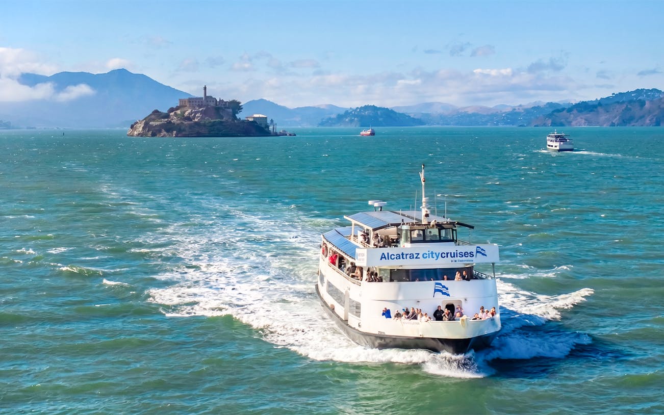 Ferry approaching Alcatraz Island from San Francisco’s Pier 33.