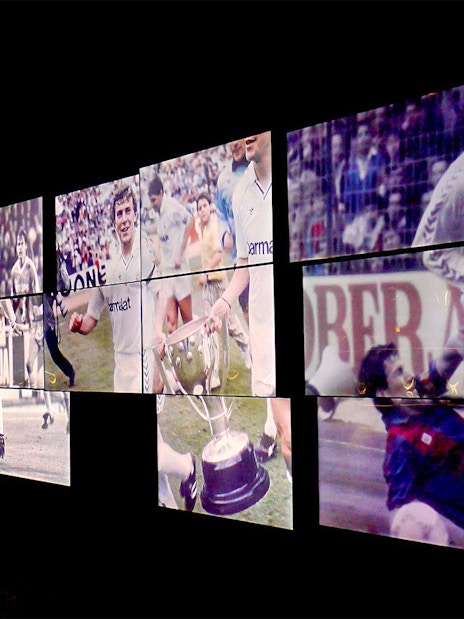 Historic football moments displayed at Santiago Bernabéu Stadium tour.