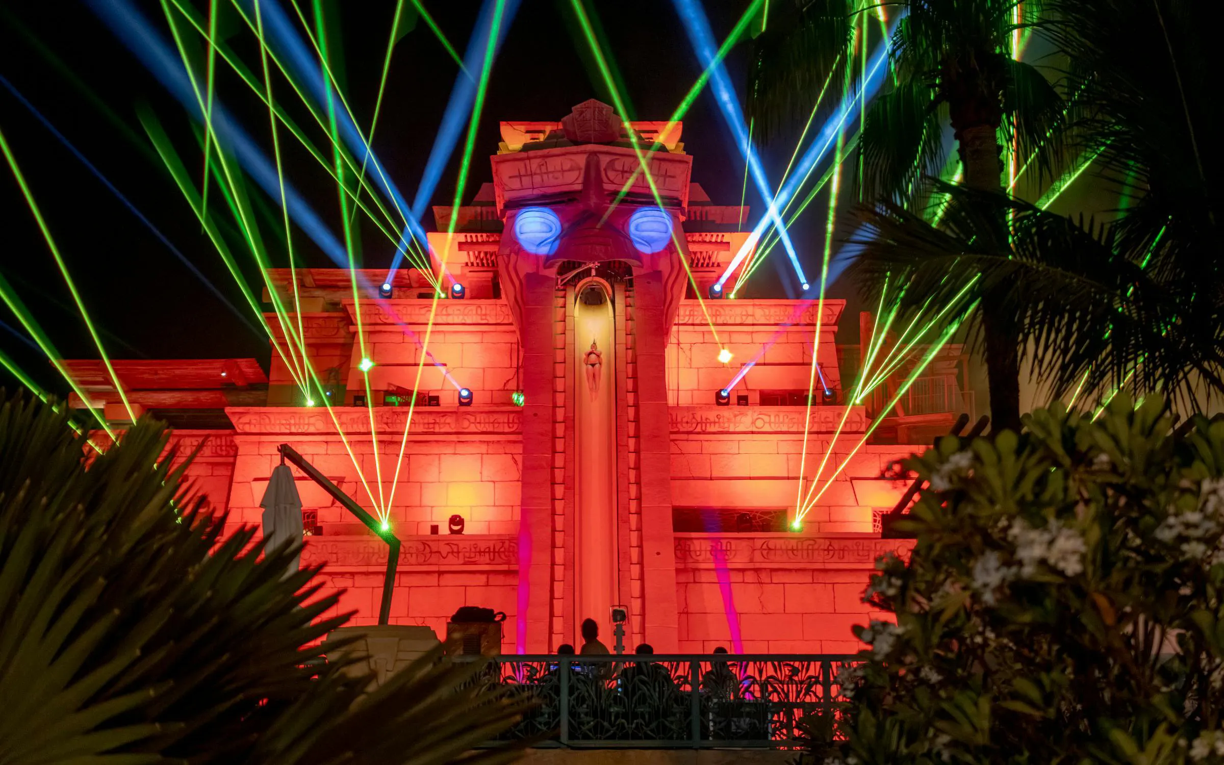 Aquaventure After Dark exterior with colorful laser lights.