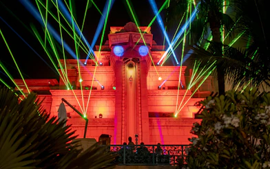 Aquaventure After Dark exterior with colorful laser lights.