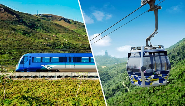 Hong Kong Airport Express train and Ngong Ping Cable Car with scenic city and mountain views.