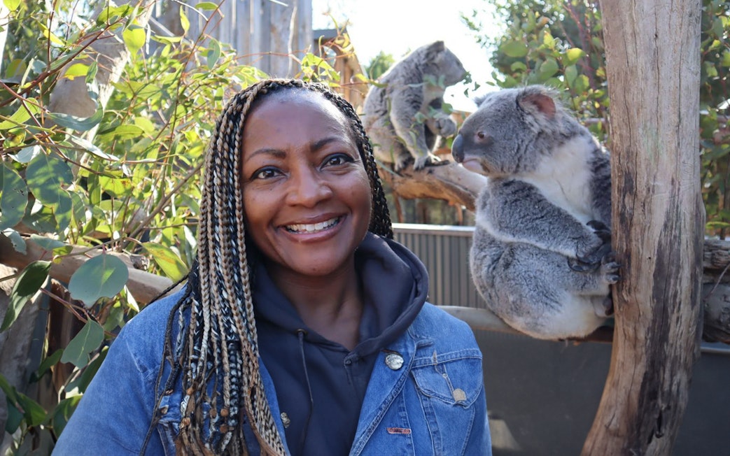 Person smiling with koalas in a eucalyptus setting, Blue Mountains tour.