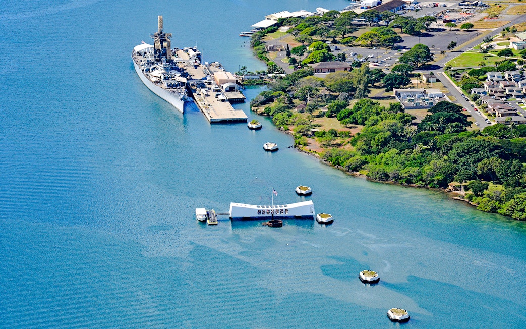 Aerial view of the Arizona Memorial with USS Missouri in Pearl Harbor, Hawaii.