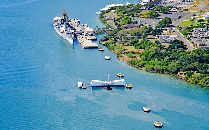 Aerial view of the Arizona Memorial with USS Missouri in Pearl Harbor, Hawaii.