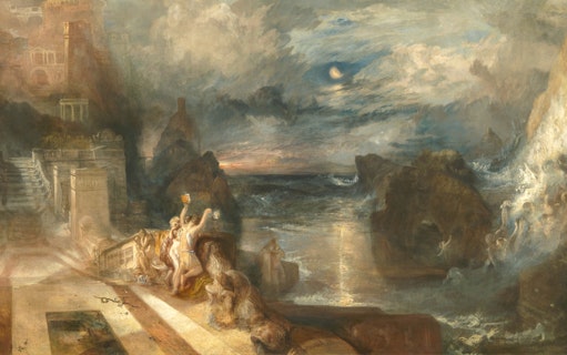 Classical painting depicting mythological scene with figures by a stormy sea, Hong Kong Palace Museum exhibit.