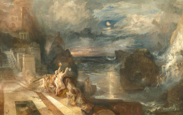 Classical painting depicting mythological scene with figures by a stormy sea, Hong Kong Palace Museum exhibit.