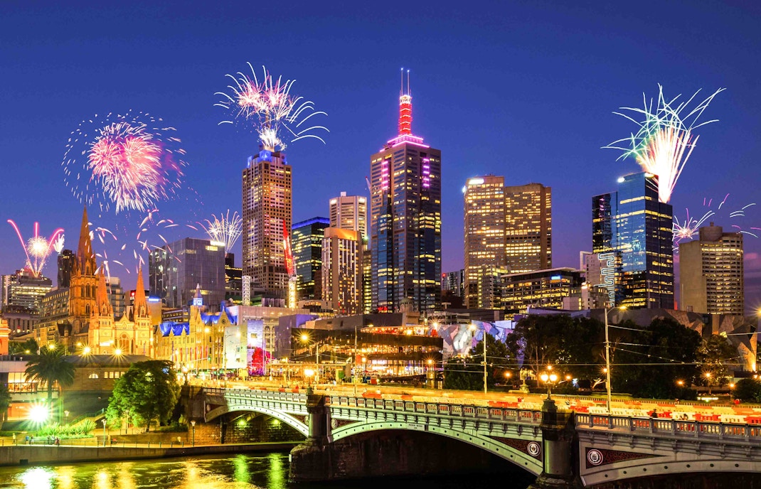 Fireworks over Melbourne skyline during New Year’s Eve celebrations.