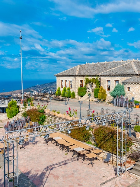Lekursi Castle terrace overlooking the sea and surrounding landscape in Albania.