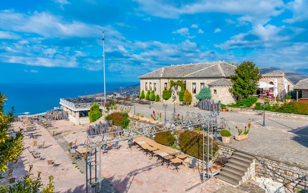 Lekursi Castle terrace overlooking the sea and surrounding landscape in Albania.
