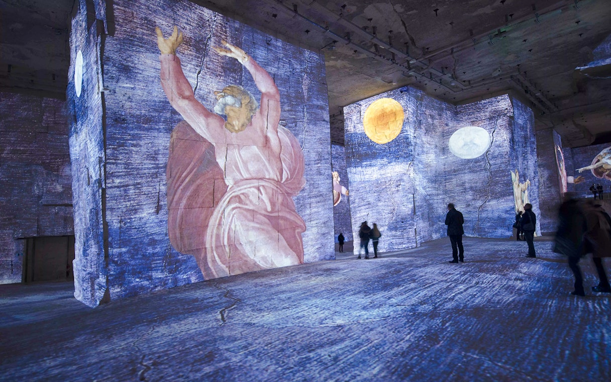 Immersive art projections at Frieda Kahlo Exhibition, Carrières des Lumières, Paris.