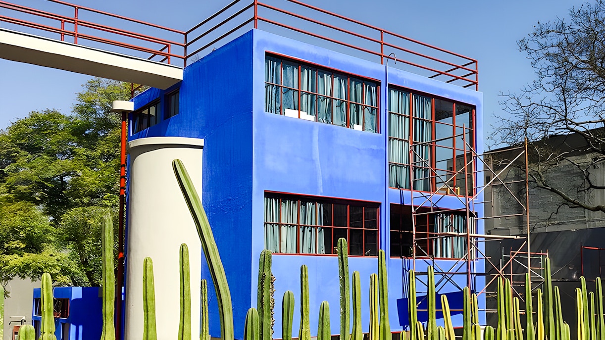 Blue house, former home and studio of Frida Kahlo, at Museo Casa Estudio Diego Rivera y Frida Kahlo, Mexico City.