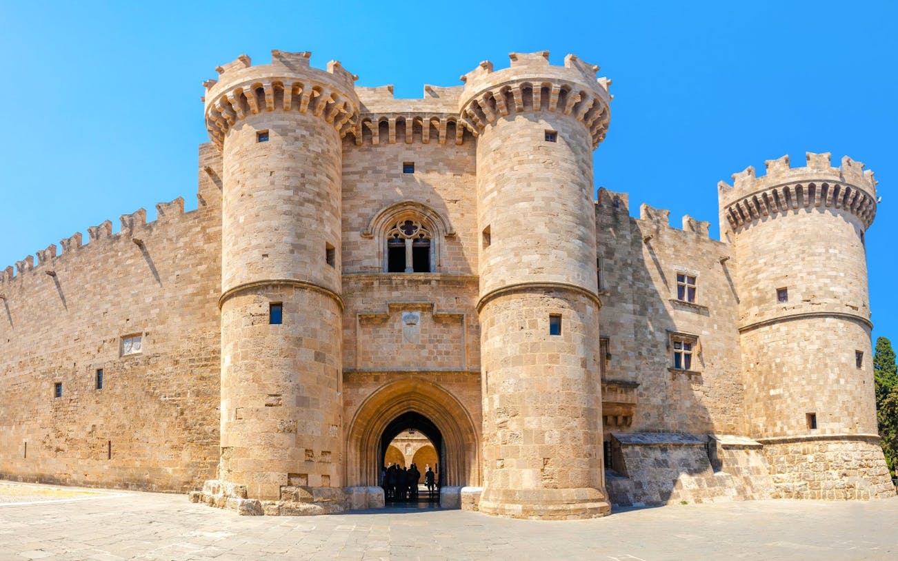 Palace of the Grand Master of the Knights of Rhodes entrance with stone towers.