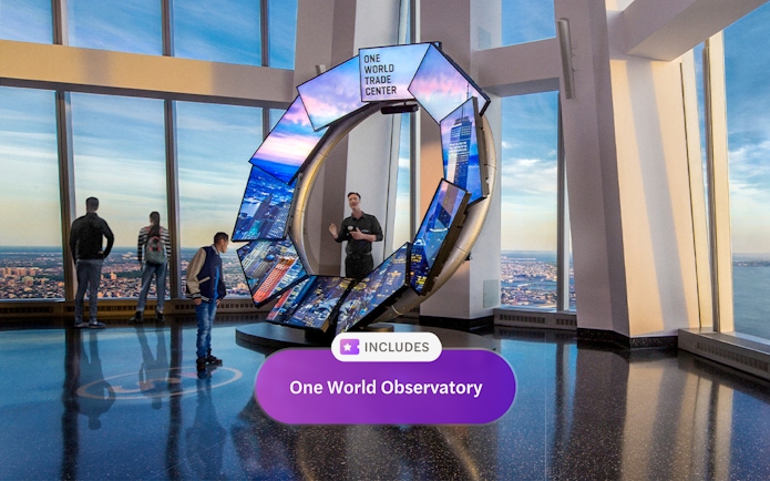 One World Observatory interior with digital display and city view, New York.