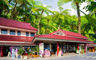 Okashigoten Nago entrance with red roof, surrounded by lush subtropical forest in Dino Park Yanbaru.