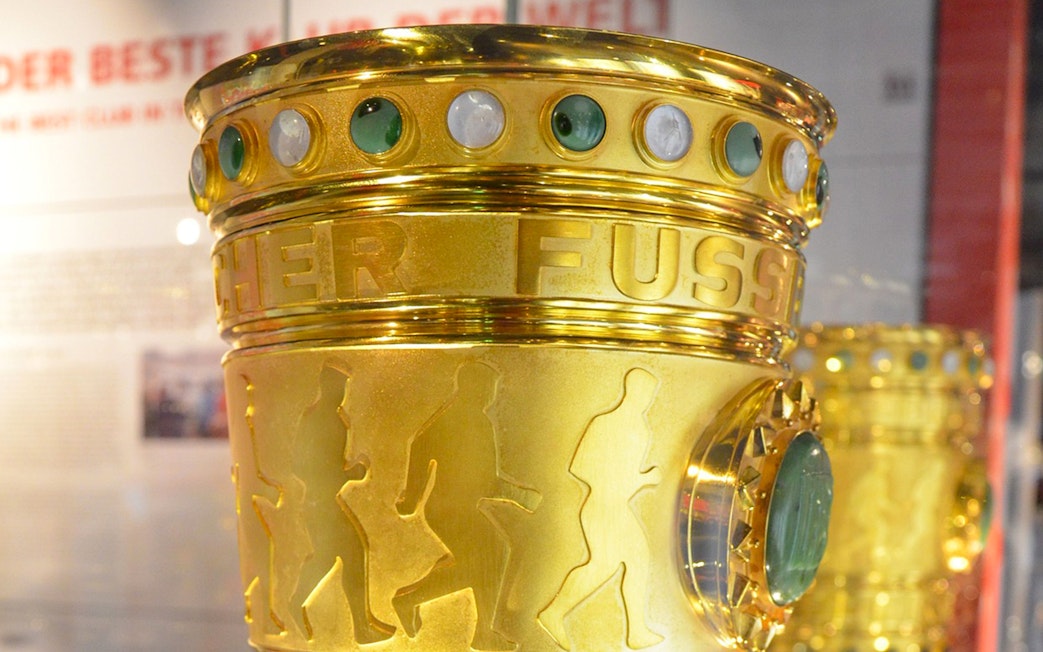 Golden trophy on display at FC Bayern's Allianz Arena, Munich.