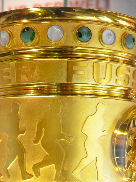 Golden trophy on display at FC Bayern's Allianz Arena, Munich.