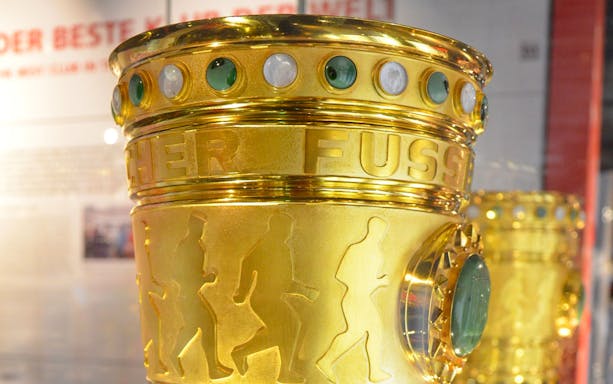 Golden trophy on display at FC Bayern's Allianz Arena, Munich.