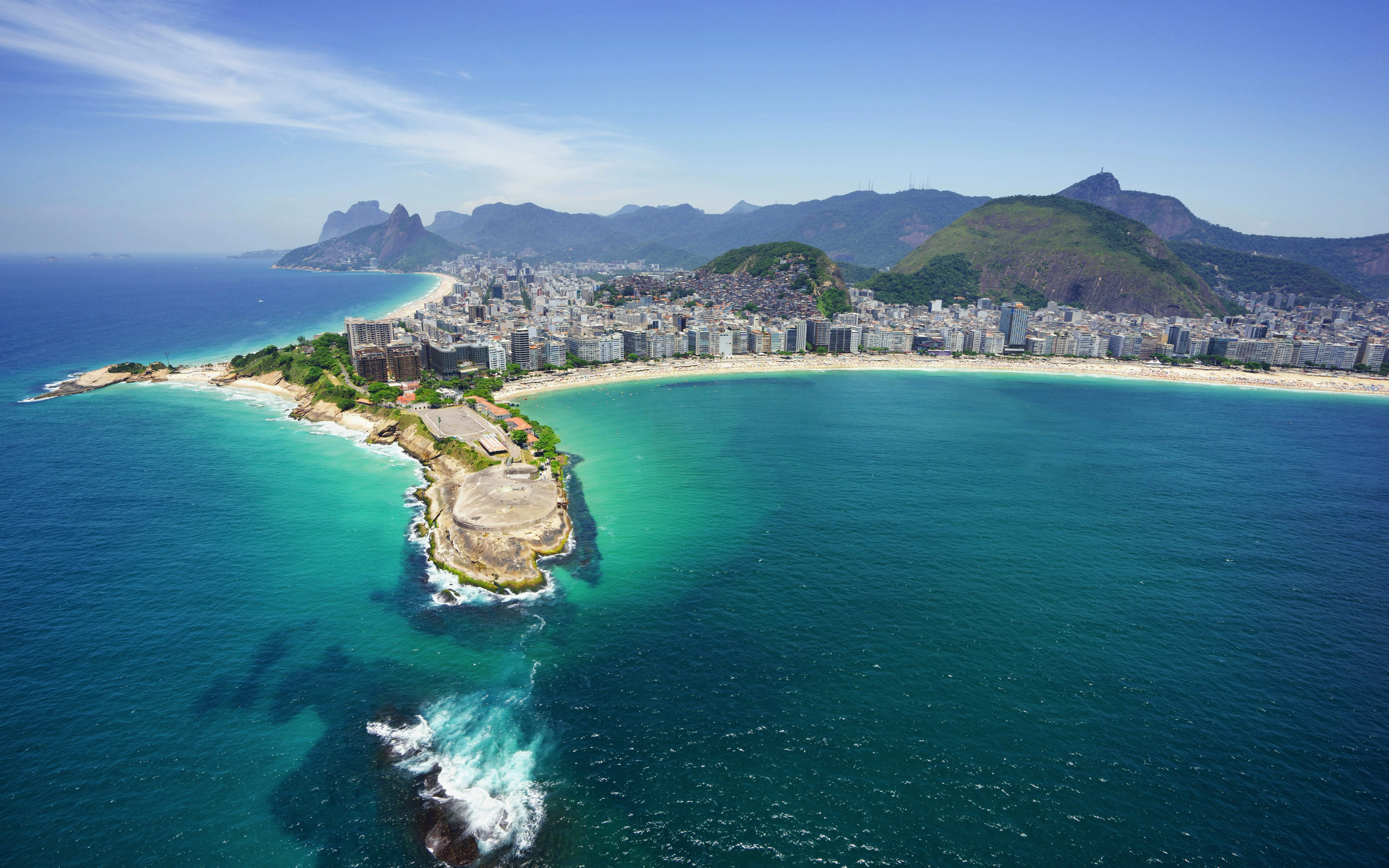 Aerial view of Copacabana and Ipanema beaches, Rio de Janeiro coastline.
