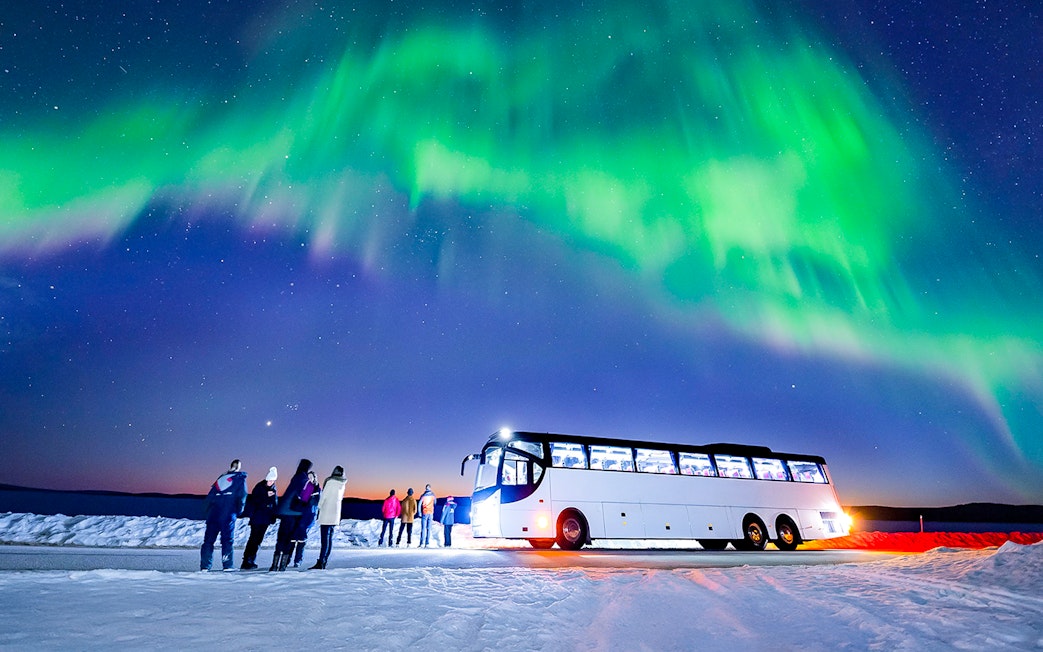 Tourists stand near a bus under the Northern Lights in a snowy landscape.