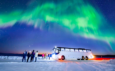 Tourists stand near a bus under the Northern Lights in a snowy landscape.
