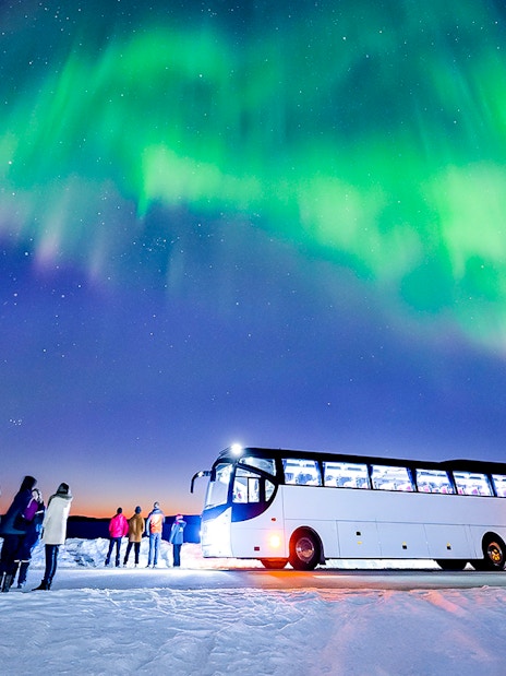 Tourists stand near a bus under the Northern Lights in a snowy landscape.