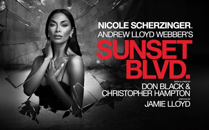 Promotional poster for Andrew Lloyd Webber's Sunset Boulevard featuring a woman in front of shattered glass.