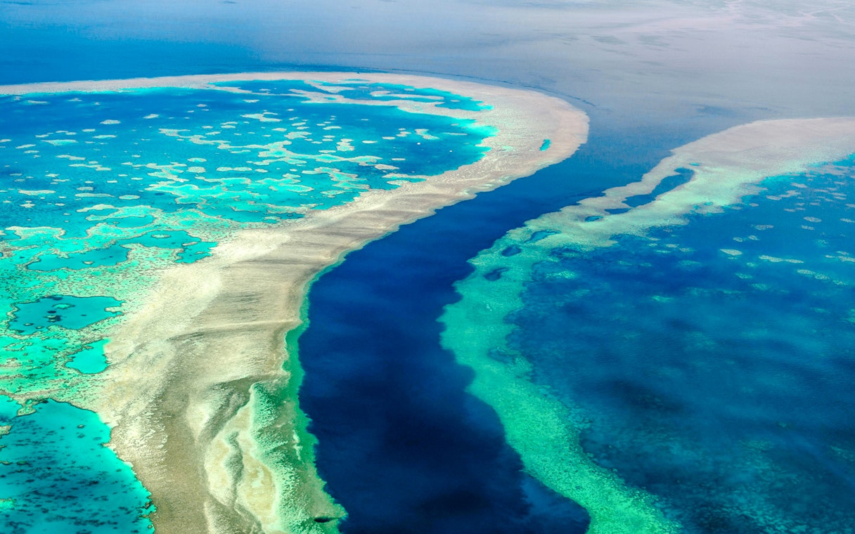 Aerial view of the Great Barrier Reef's vibrant coral formations in Whitsundays, Australia.
