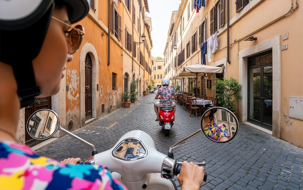 Tourists riding Vespas through a cobblestone street in Trastevere, Rome.
