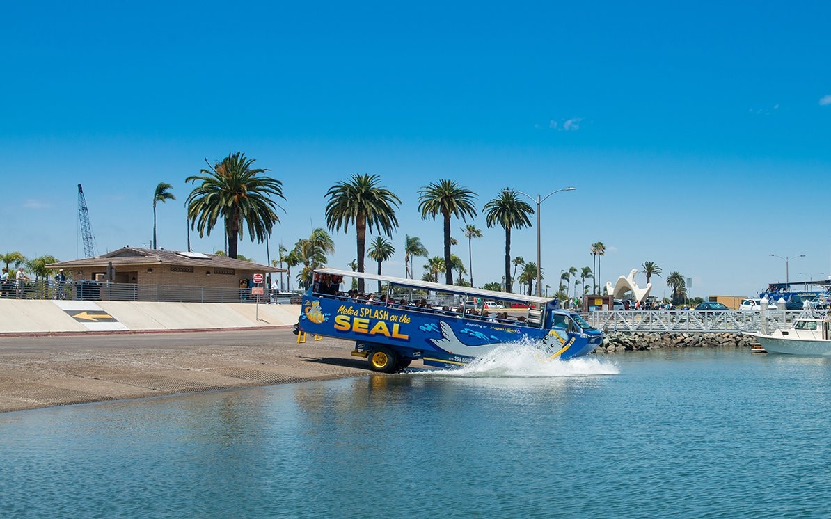 Amphibious vehicle of the Seal Tour entering water in San Diego.