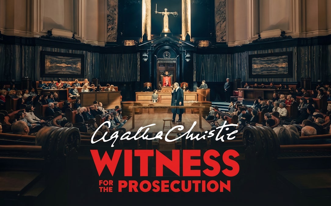 Courtroom scene from "Witness for the Prosecution" play with audience and judge.