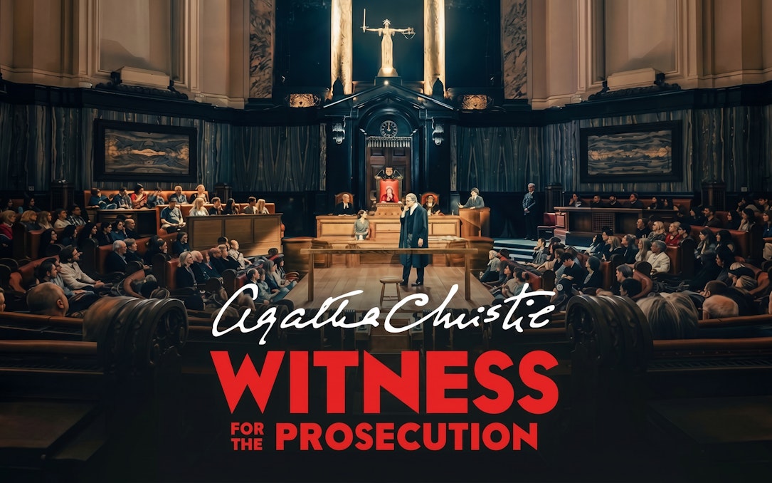 Courtroom scene from "Witness for the Prosecution" play with audience and judge.