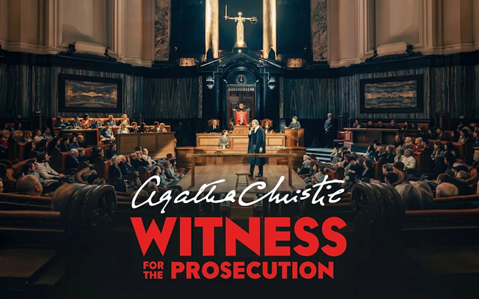 Courtroom scene from "Witness for the Prosecution" play with audience and judge.