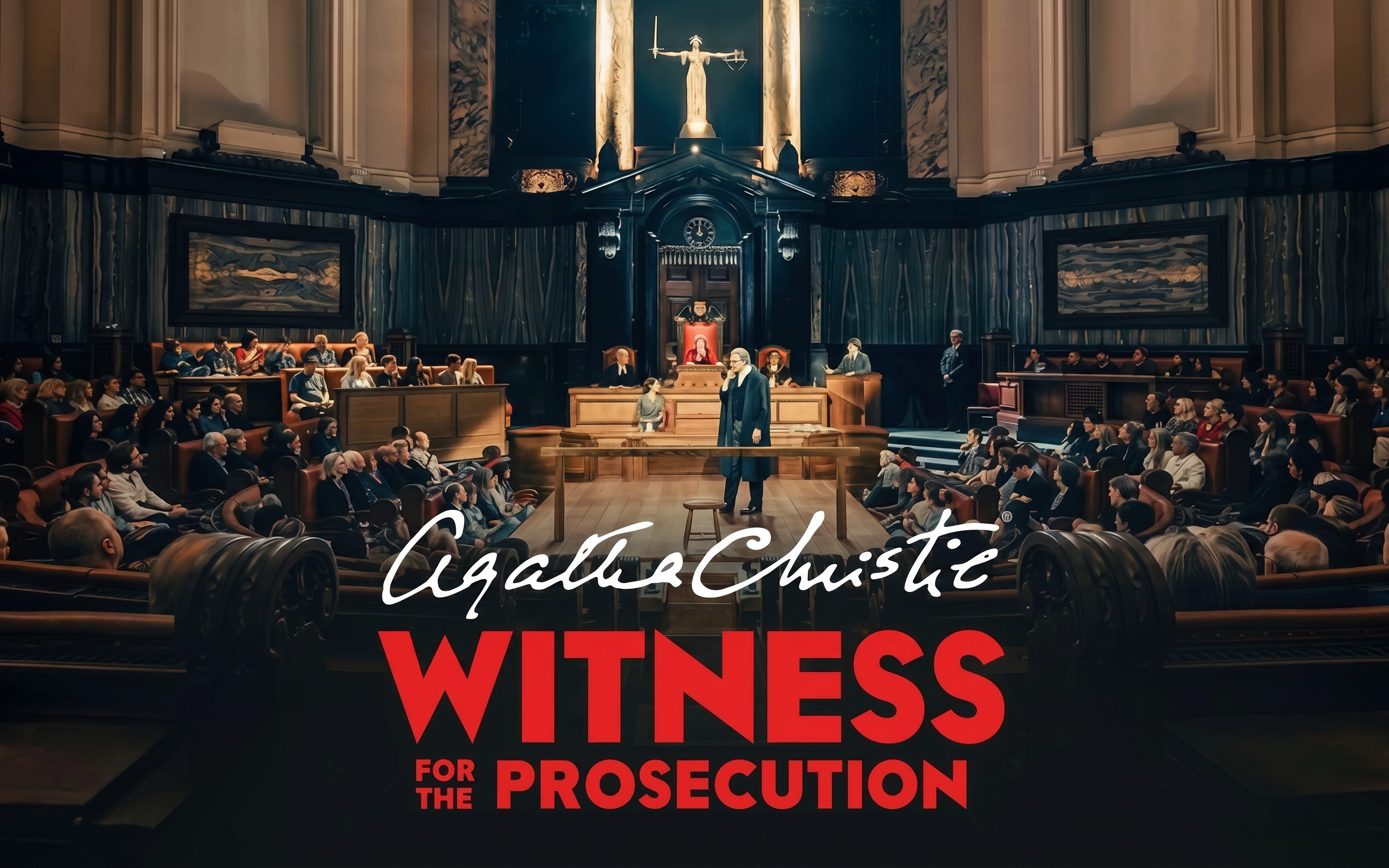 Courtroom scene from "Witness for the Prosecution" play with audience and judge.