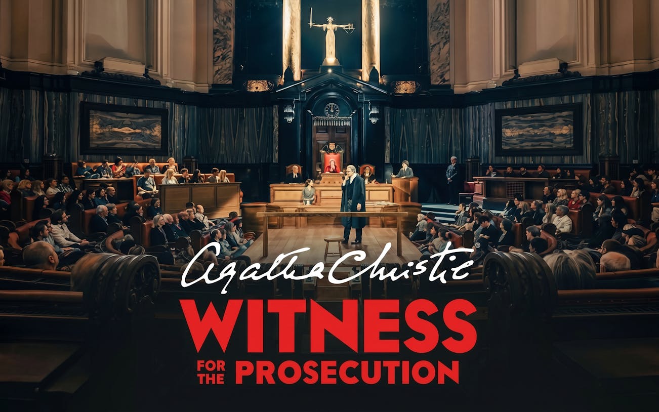 Courtroom scene from "Witness for the Prosecution" play with audience and judge.