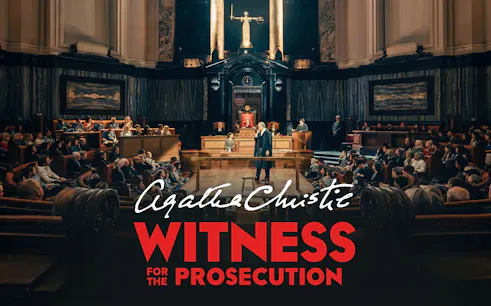 Courtroom scene from "Witness for the Prosecution" play with audience and judge.