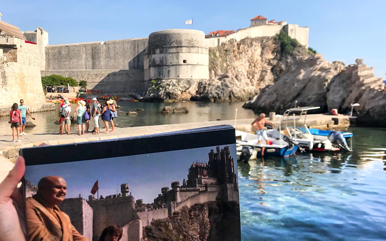 Dubrovnik city walls with tourists and a Game of Thrones scene comparison.