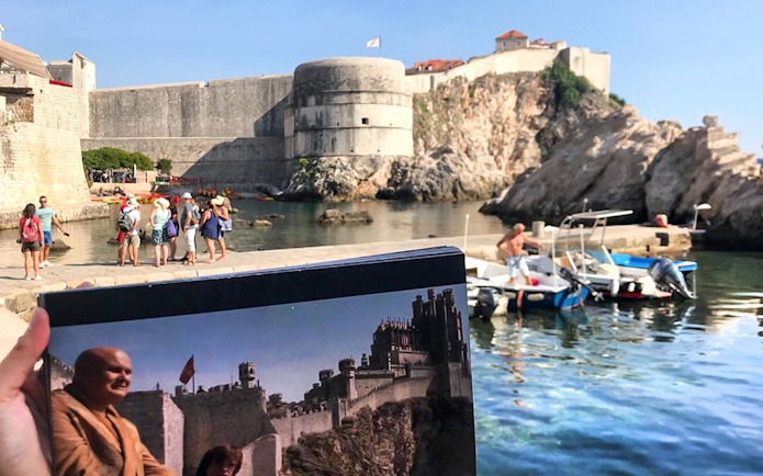 Dubrovnik city walls with tourists and a Game of Thrones scene comparison.