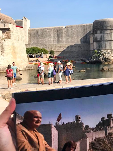Dubrovnik city walls with tourists and a Game of Thrones scene comparison.