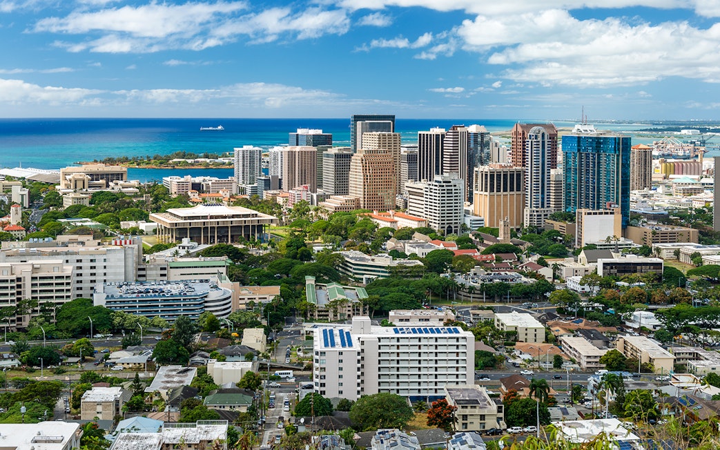 Downtown Honolulu skyline viewed from the National Memorial Cemetery of the Pacific.