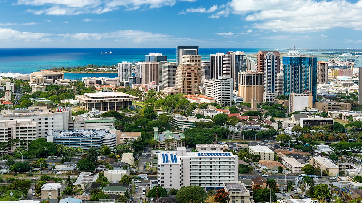 Downtown Honolulu skyline viewed from the National Memorial Cemetery of the Pacific.