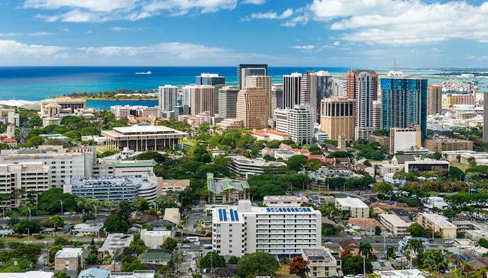 Downtown Honolulu skyline viewed from the National Memorial Cemetery of the Pacific.