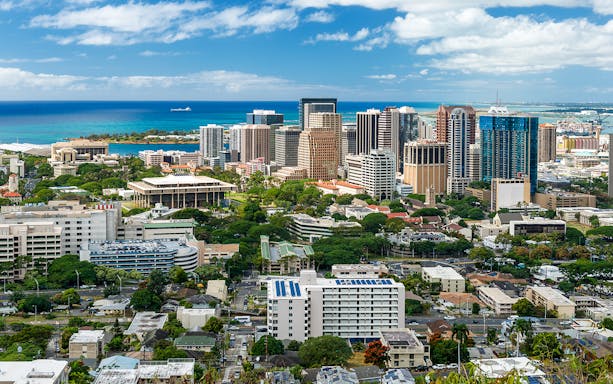 Downtown Honolulu skyline viewed from the National Memorial Cemetery of the Pacific.