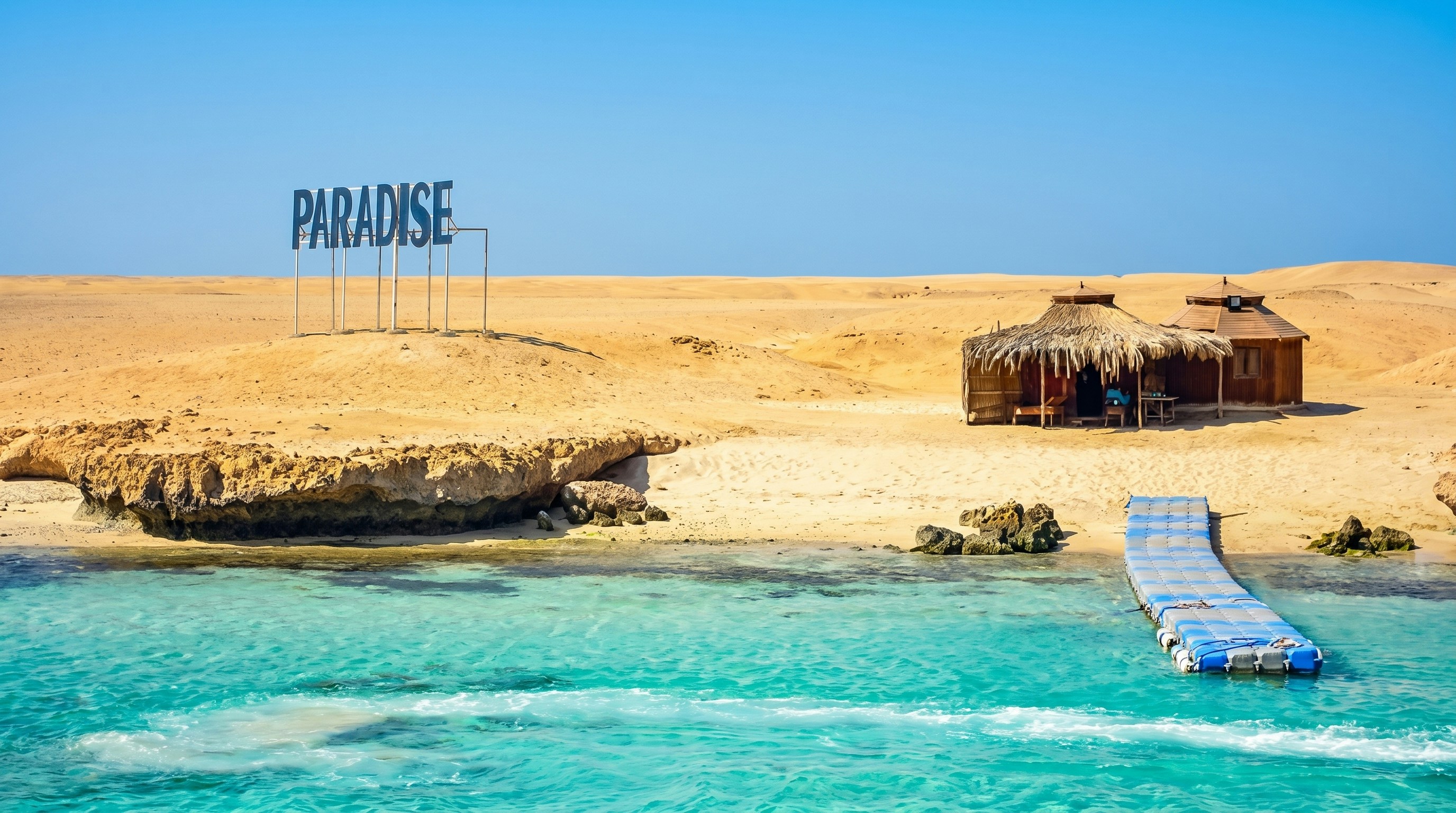 Private speedboat dock at Orange Bay, Giftun Island, with straw huts and clear blue water, Hurghada.