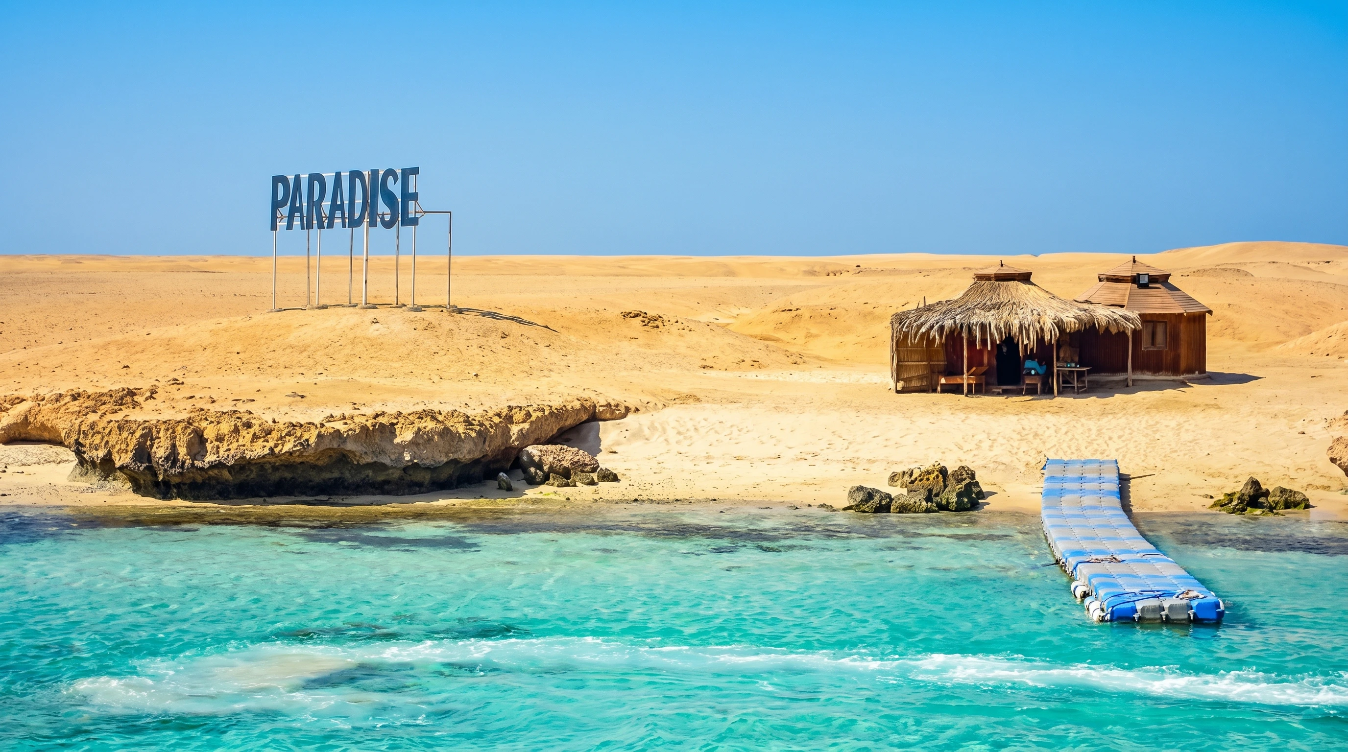 Private speedboat dock at Orange Bay, Giftun Island, with straw huts and clear blue water, Hurghada.
