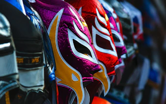Colorful Lucha Libre masks on display at Arena Mexico.