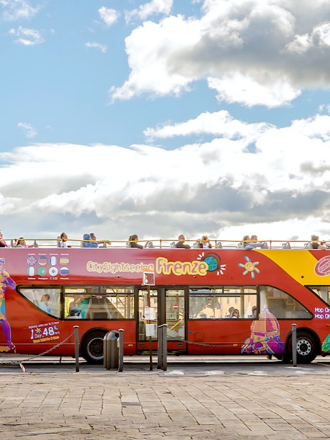 City sightseeing tour bus near Chiesa di San Frediano in Cestello, Florence.