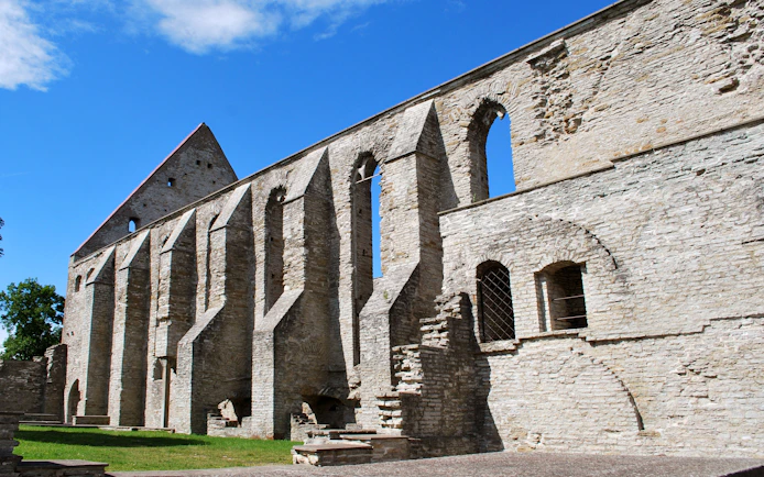 Ruins of Pirita Convent with stone arches and walls in Tallinn, Estonia.