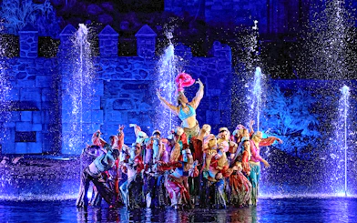 Performers in colorful costumes during The Dream of Toledo Night Show with fountains in the background.
